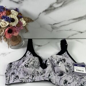 Catherines Intimates 44C No Wire Cotton Comfort Floral Bra Black Trim Lace Bow